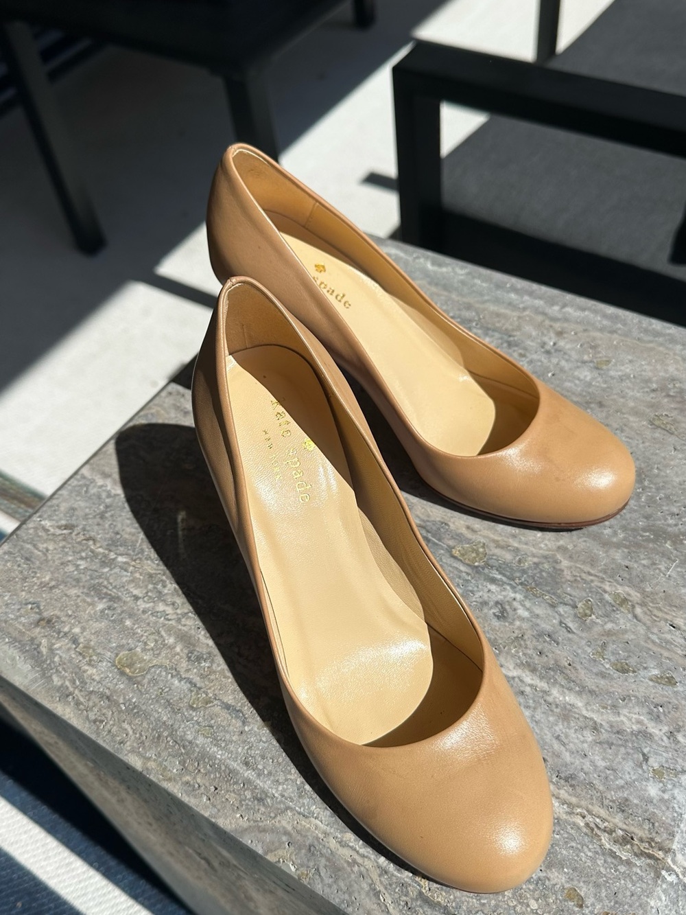 Kate Spade, light tan with pink-clear-orange stacked heels. Size 6.5